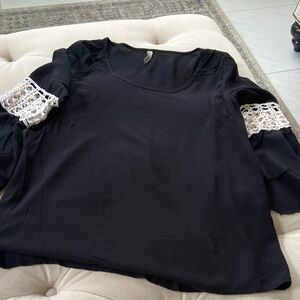 Elan Black Blouse with White Lace Sleeves